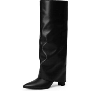 Women Black Pu Faux Leather Fold Over Knee High Chunky High Heels Long Boots